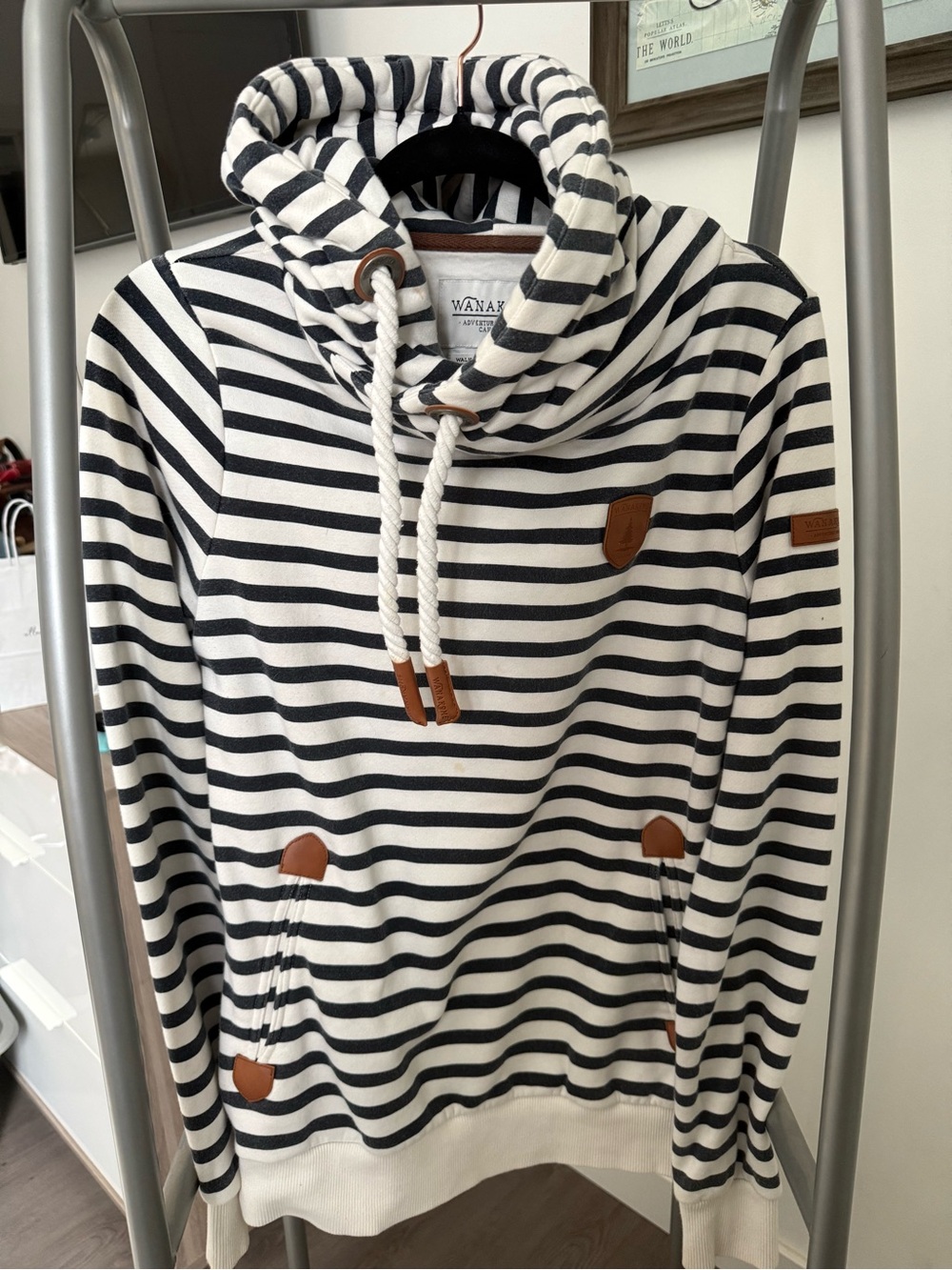 Wanakome Black and White Striped Funnel Neck Hoodie with Rope Detail